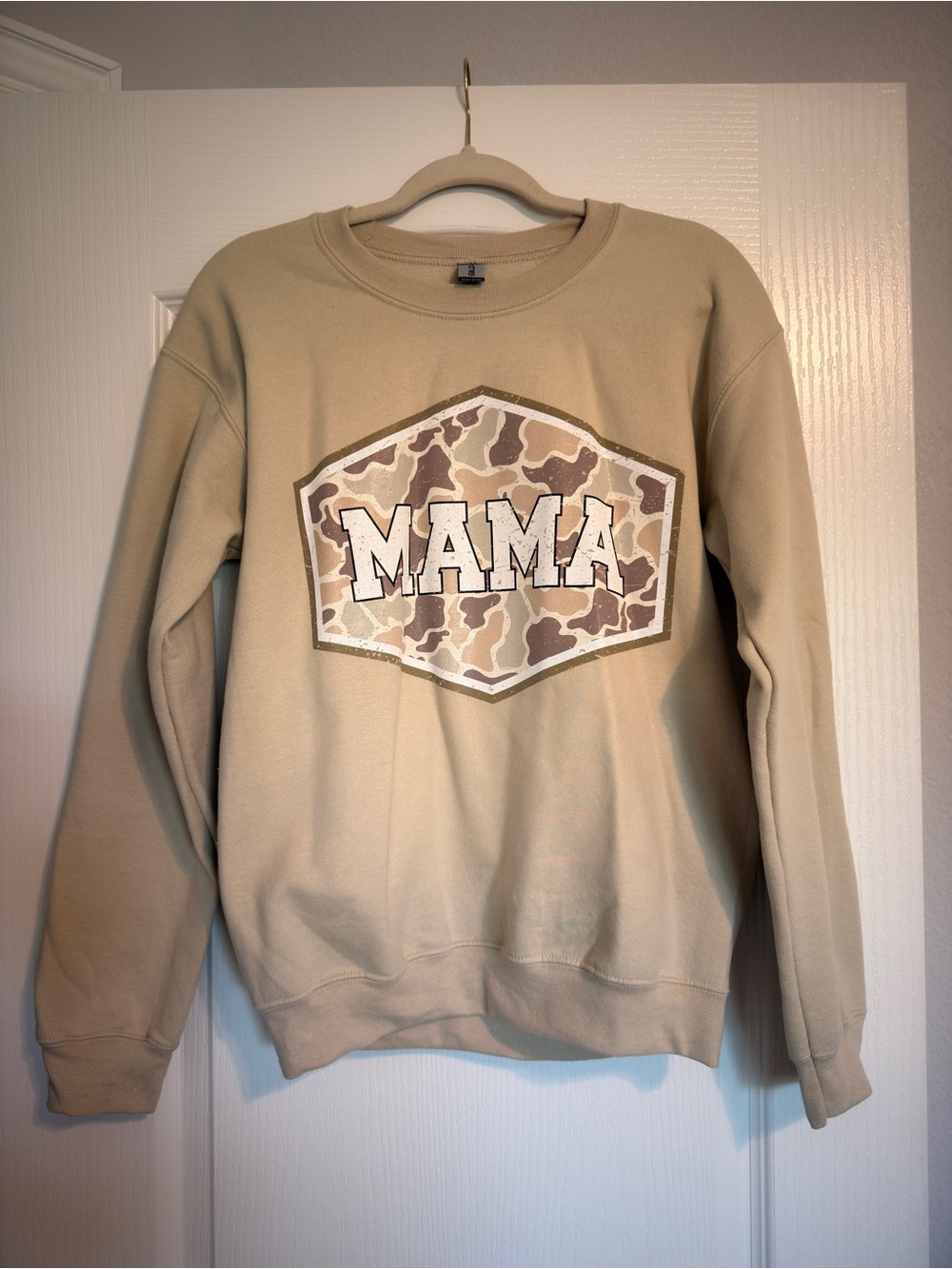 Gildan Tan Crewneck Sweatshirt with Camo "MAMA" Graphic